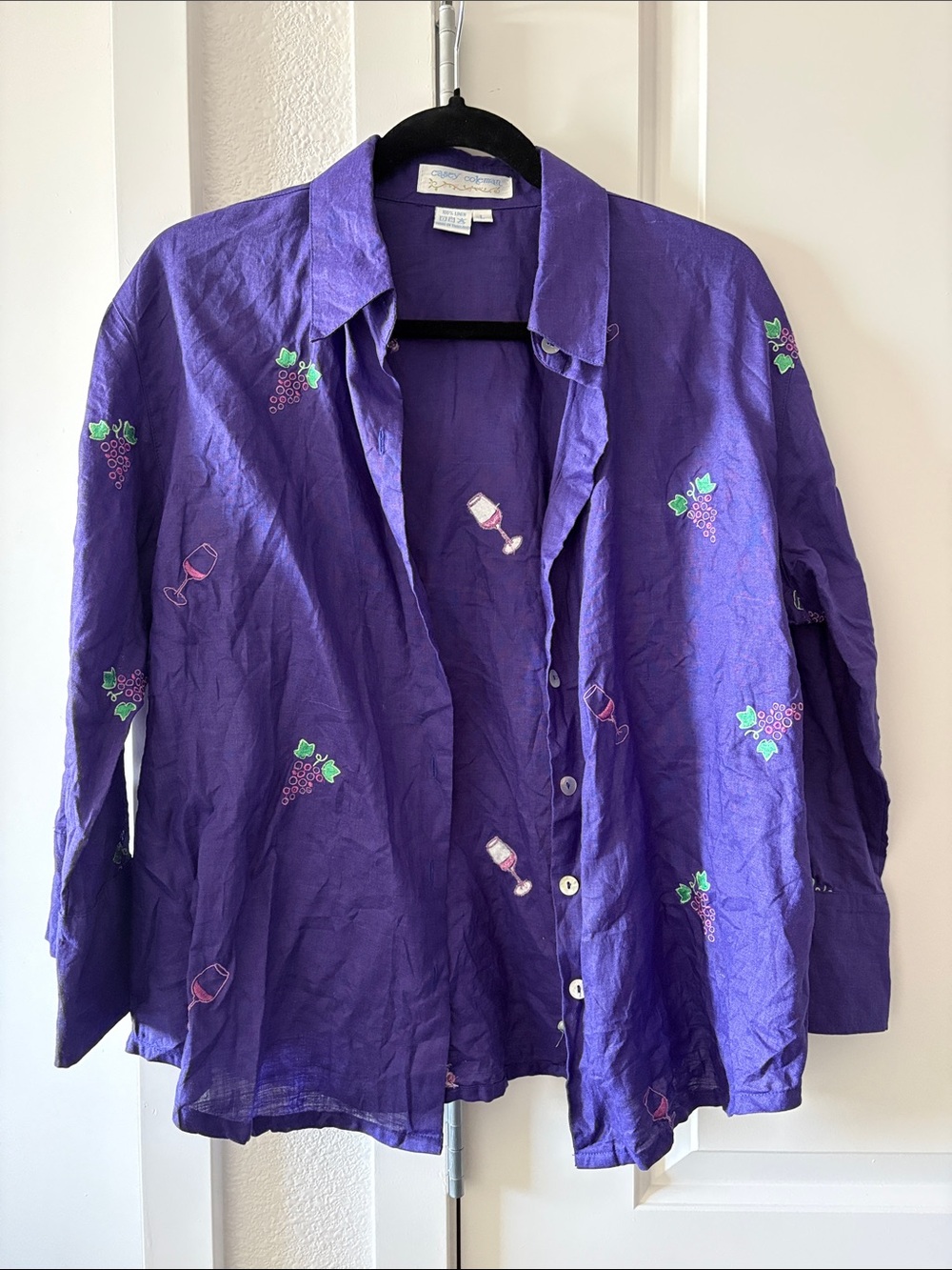 Casey Coleman Vintage Purple Embroidered Wine & Grape Linen Button-Up Shirt
